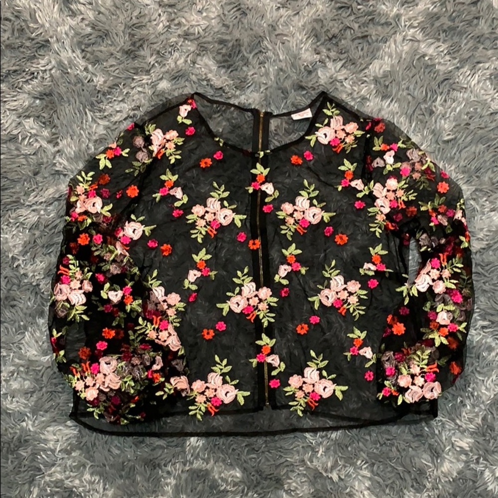 Floral mesh long sleeve pull over